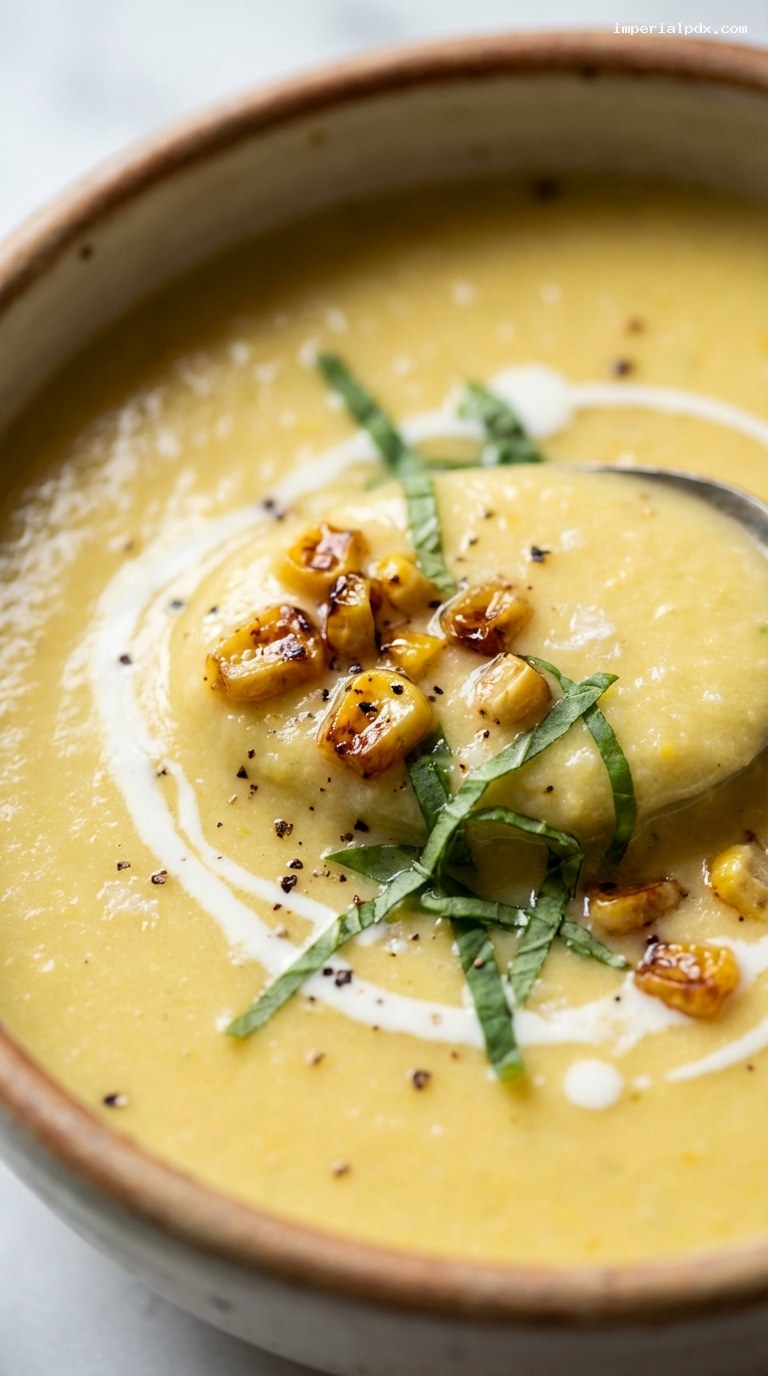 Creamy Sweet Corn and Basil Soup – Closeup