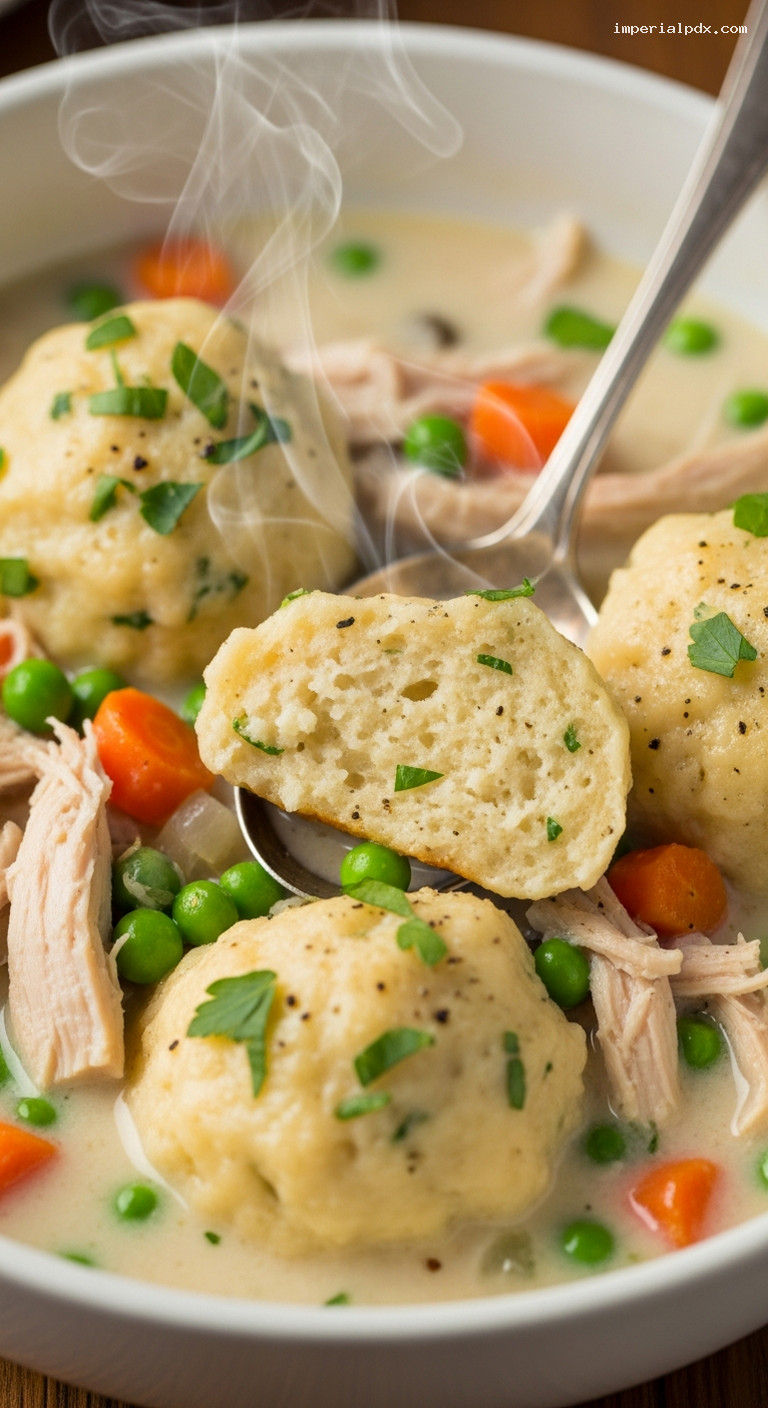 Creamy Turkey and Dumpling Soup with Leftovers – Closeup