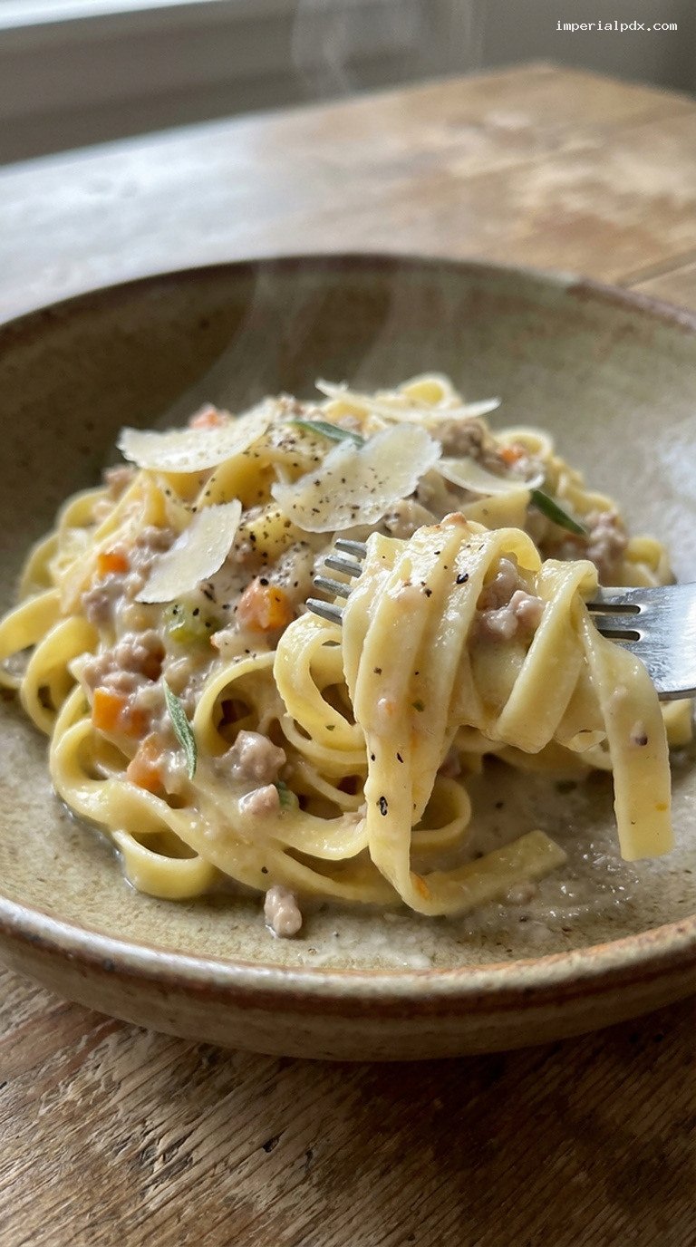 Creamy White Bolognese with Pork, Veal and Sage – Closeup