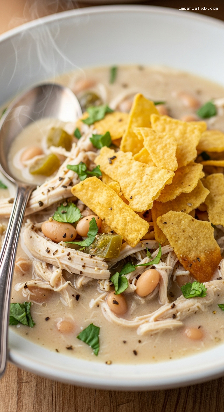 Creamy White Chicken Chili with Green Chiles – Closeup