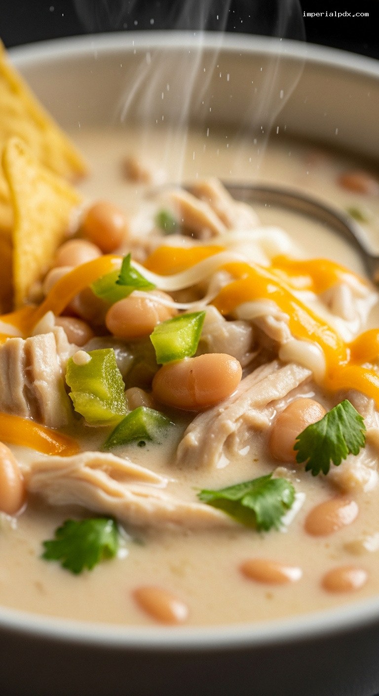 Creamy White Queso Chicken Chili With White Beans – Closeup
