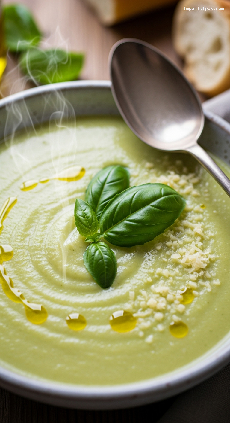 Creamy Zucchini Garlic Soup with Fresh Basil – Closeup