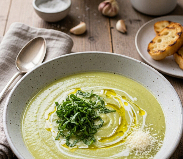 Creamy Zucchini Garlic Soup with Fresh Basil