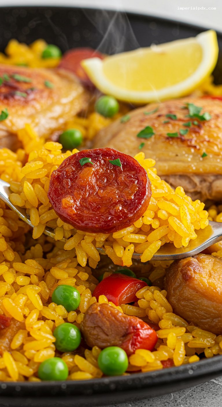 Criollo Arroz a la Valenciana with Chicken and Chorizo – Closeup