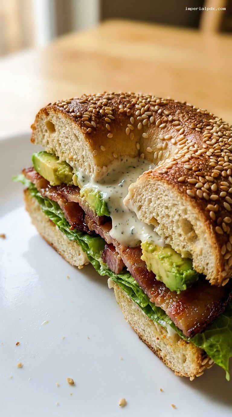 Crispy Bacon Avocado Ranch Bagel Sandwich – Closeup