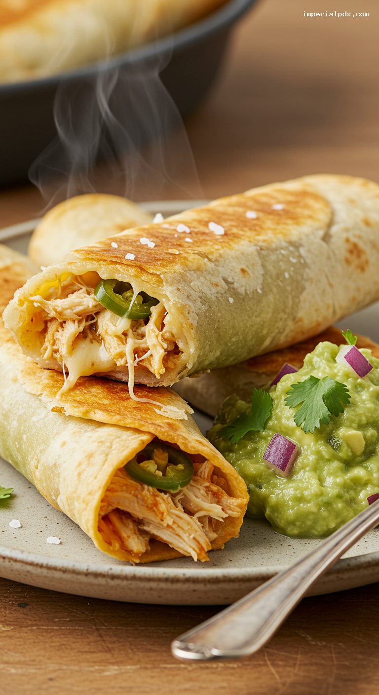 Crispy Baked Chicken Taquitos with Queso and Chiles – Closeup