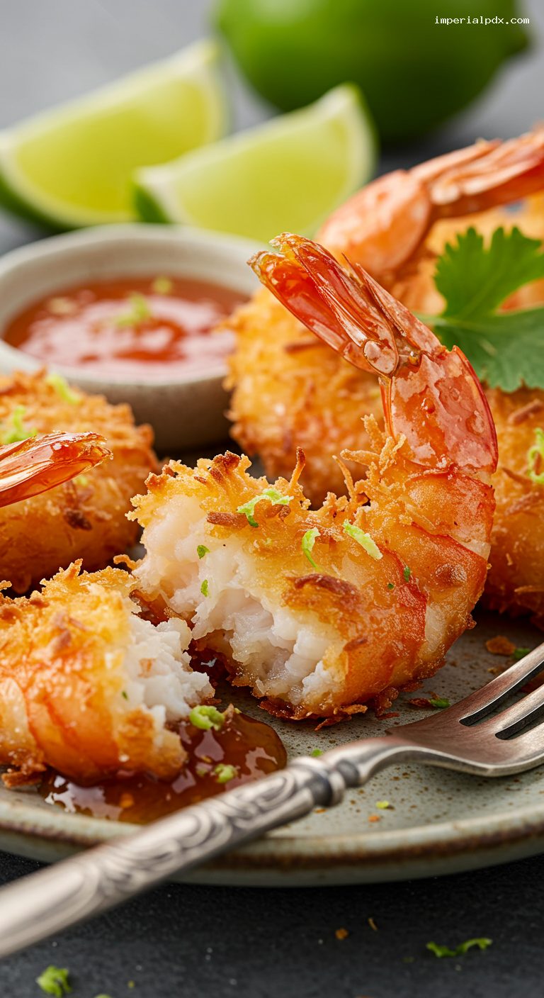 Crispy Baked Coconut Shrimp with Sweet Chili and Lime – Closeup