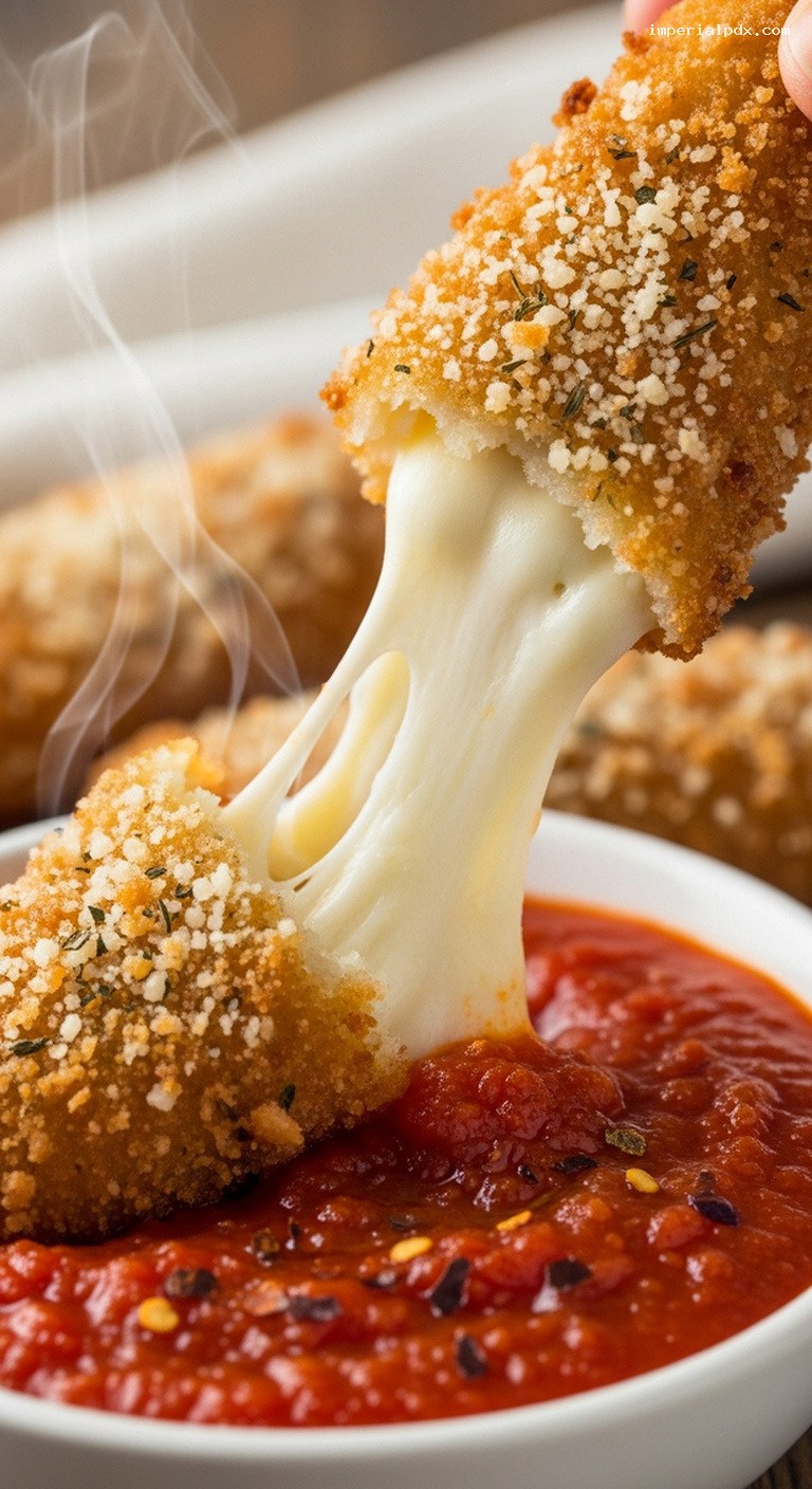 Crispy Baked Mozzarella Sticks with Warm Marinara – Closeup