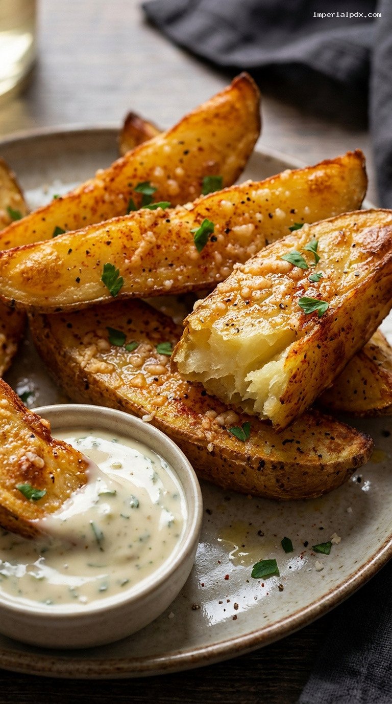 Crispy Baked Parmesan Garlic Potato Wedges With Herb Dip – Closeup