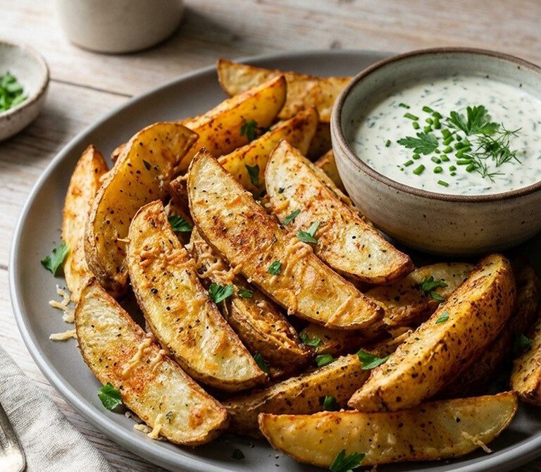 Crispy Baked Parmesan Garlic Potato Wedges With Herb Dip