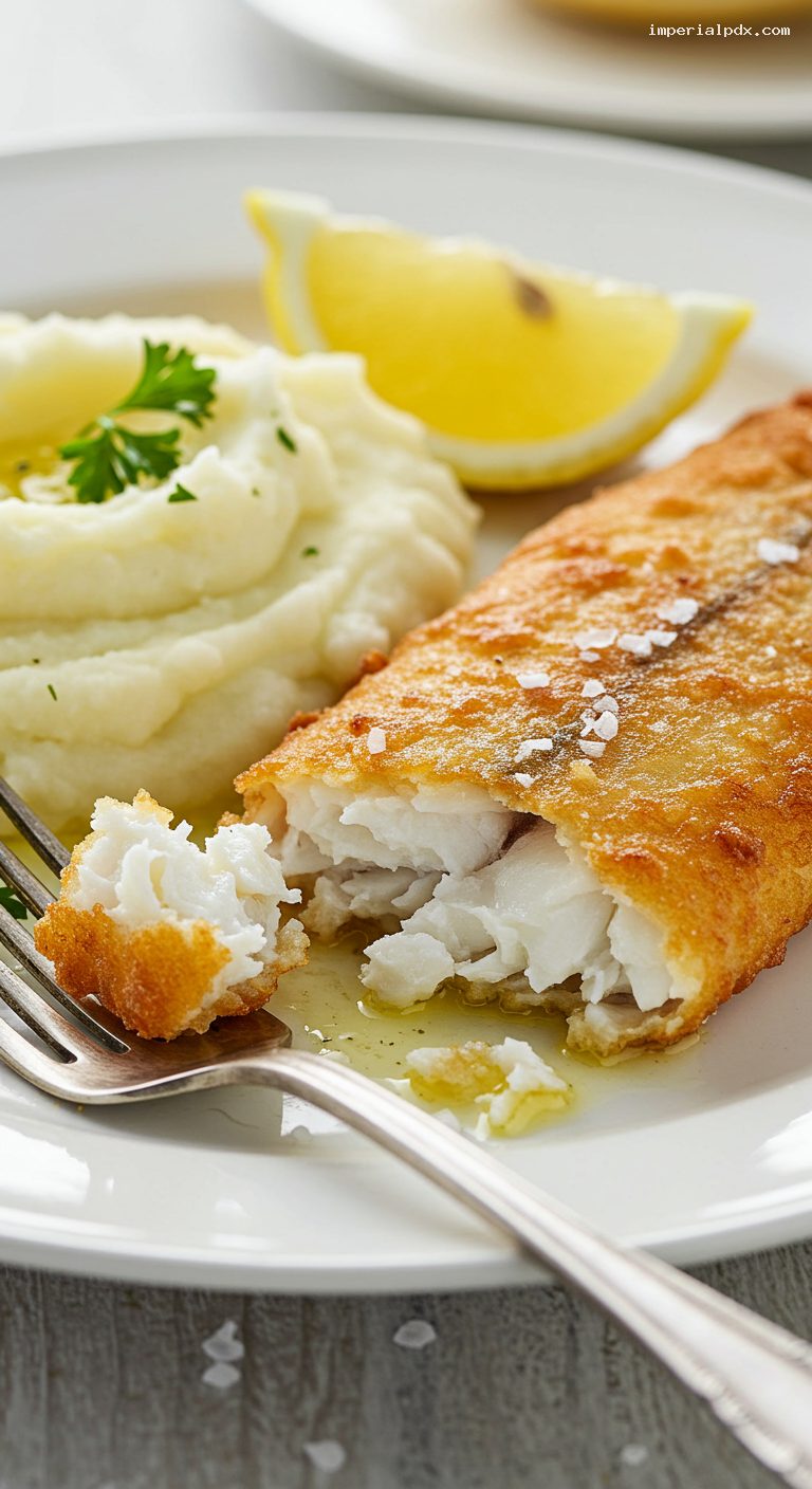 Crispy Battered Hake with Buttery Mashed Potatoes – Closeup