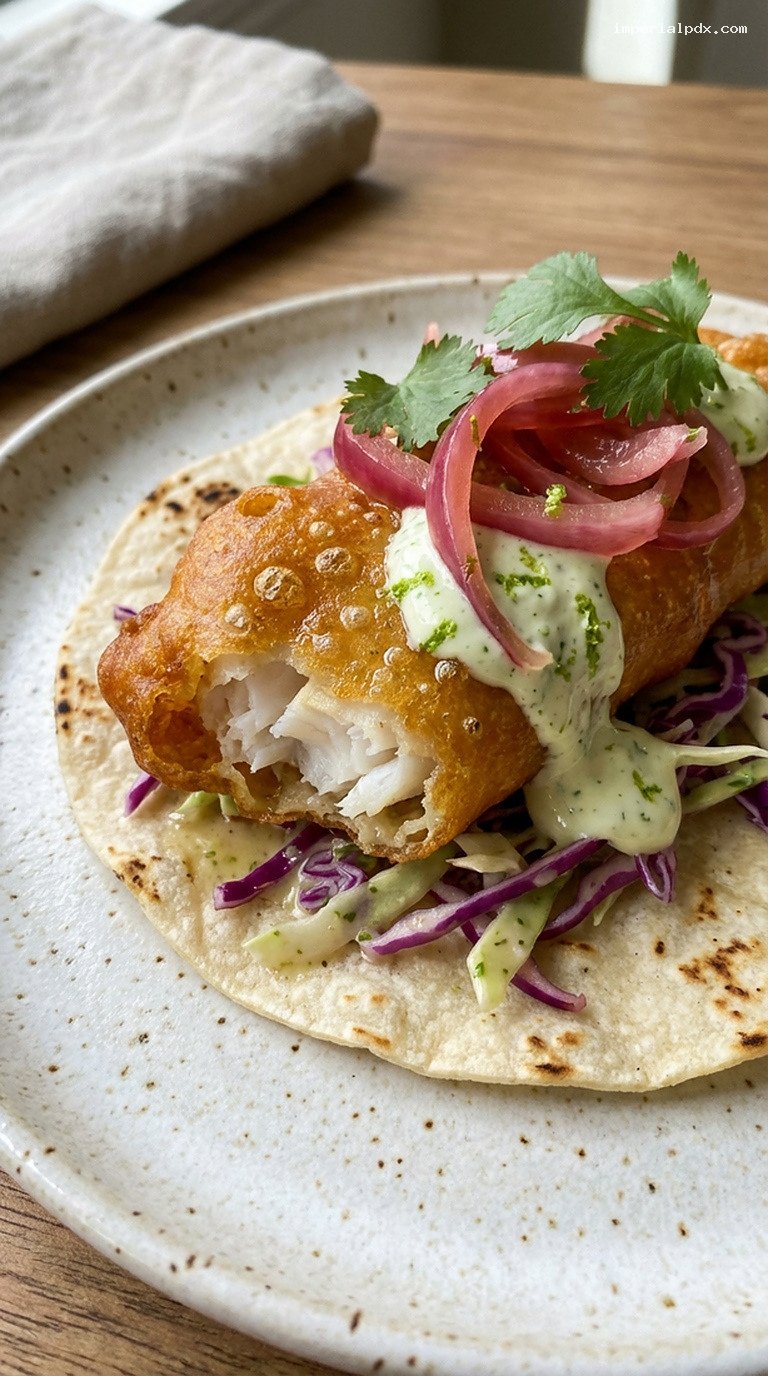 Crispy Beer-Battered Fish Tacos with Lime Crema Slaw – Closeup