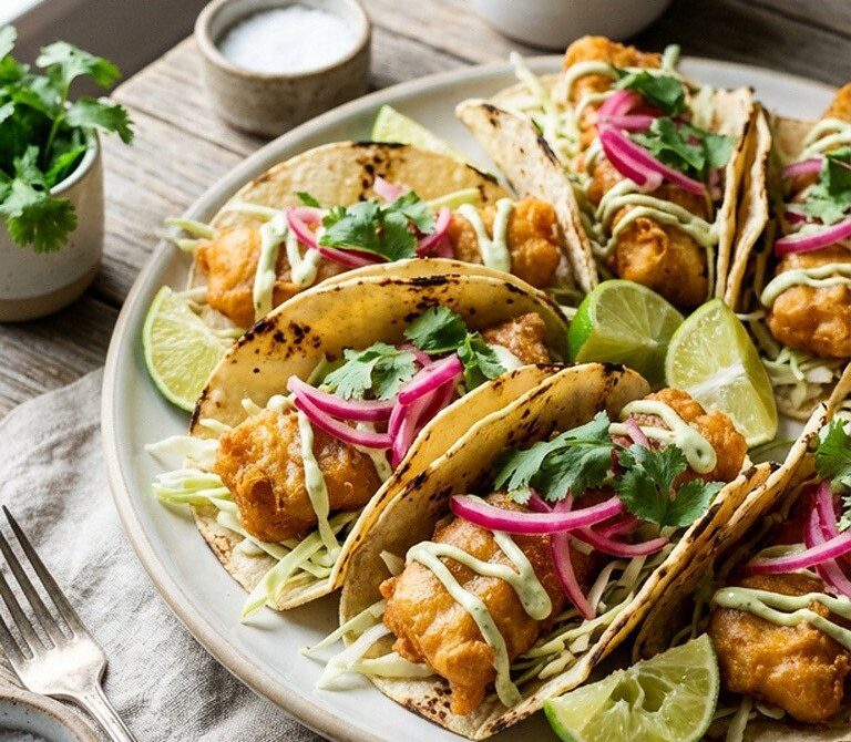 Crispy Beer-Battered Fish Tacos with Lime Crema Slaw