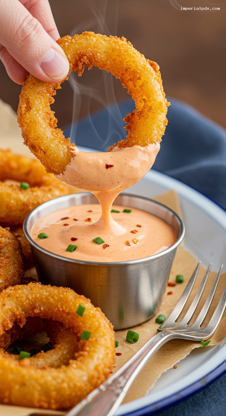Crispy Beer-Battered Onion Rings with Comeback Sauce – Closeup