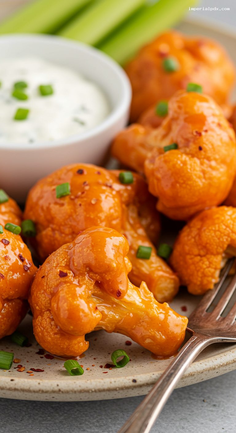 Crispy Buffalo Cauliflower Bites with Ranch and Celery – Closeup