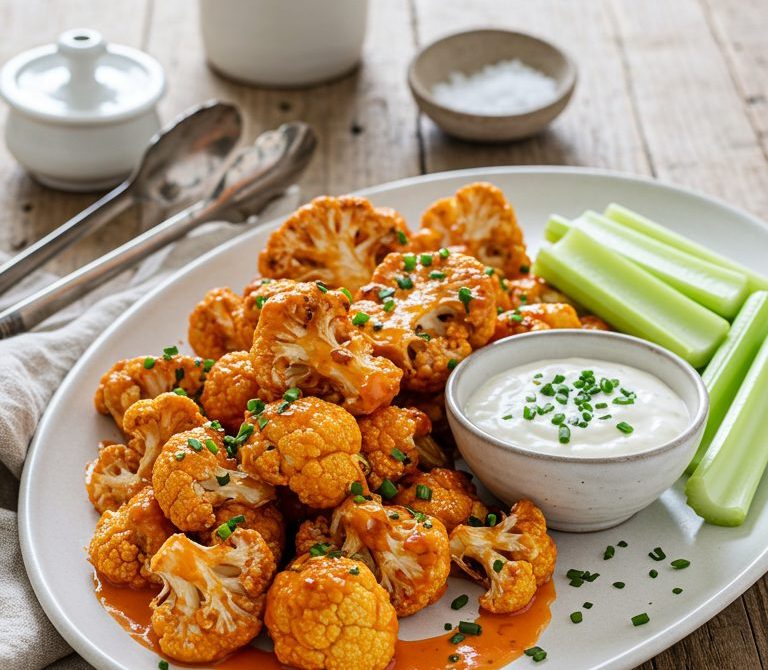 Crispy Buffalo Cauliflower Bites with Ranch and Celery