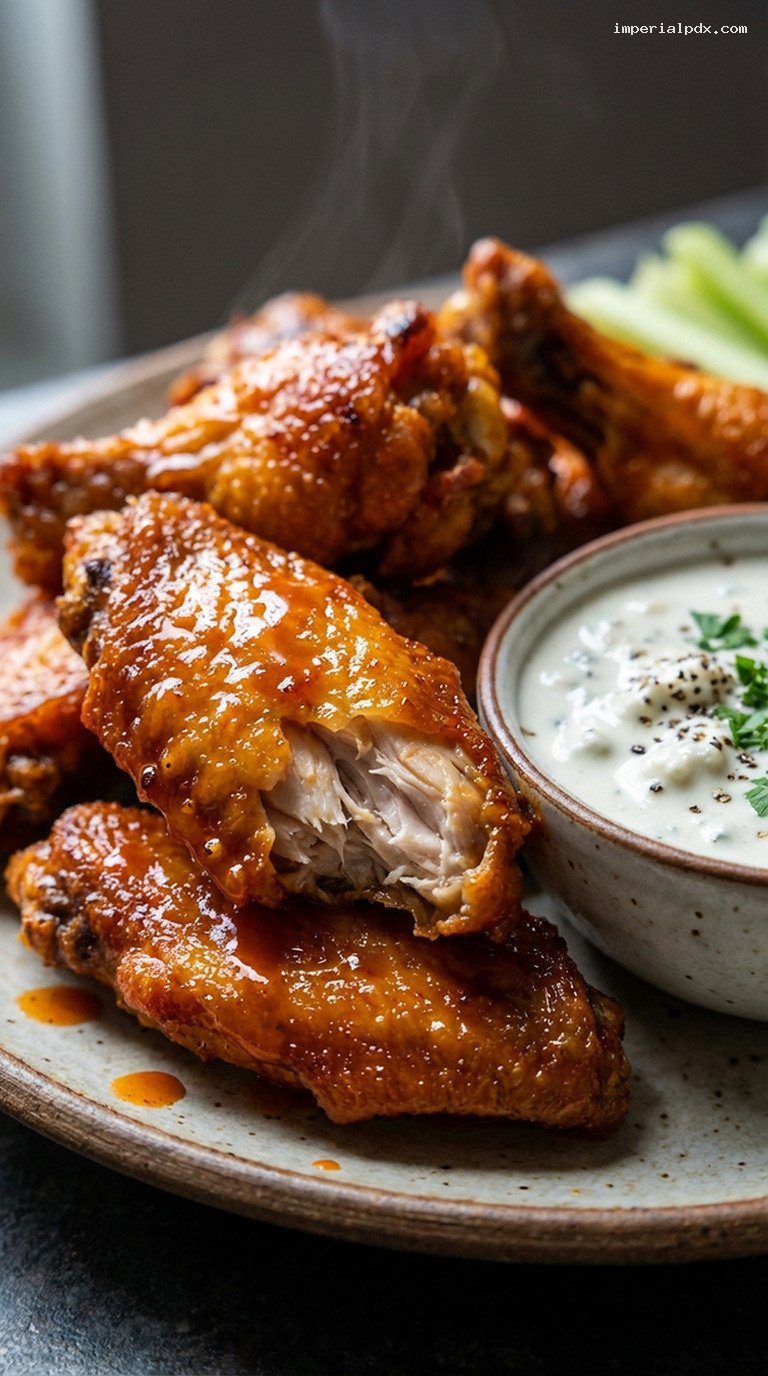 Crispy Buffalo Chicken Wings With Blue Cheese Dip – Closeup