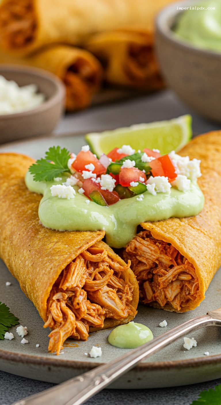 Crispy Chicken Flautas with Avocado Crema – Closeup