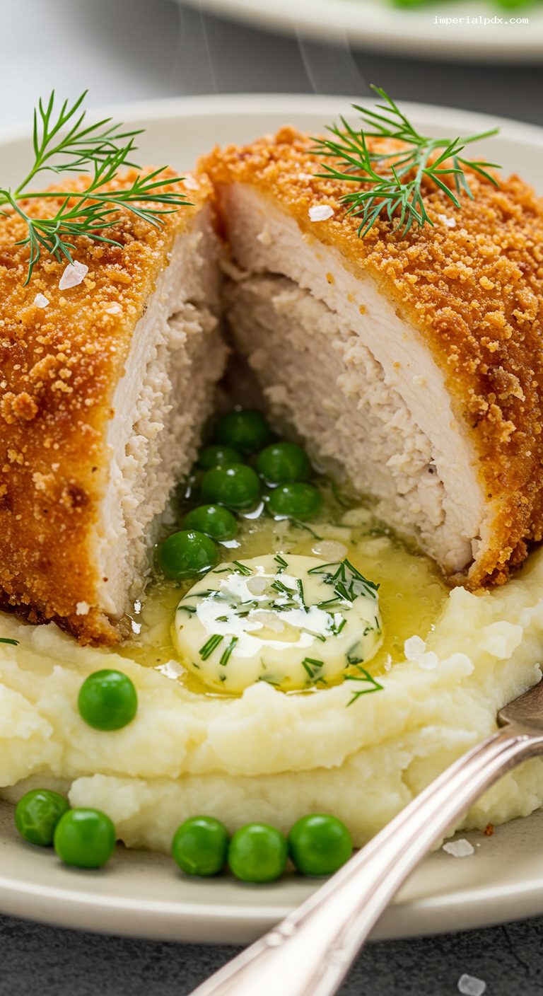 Crispy Chicken Kiev with Dill-Garlic Butter – Closeup