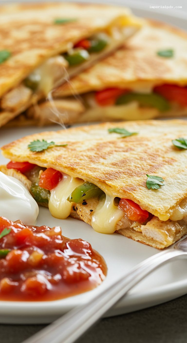 Crispy Chicken Quesadilla Wedges with Peppers and Cheese – Closeup