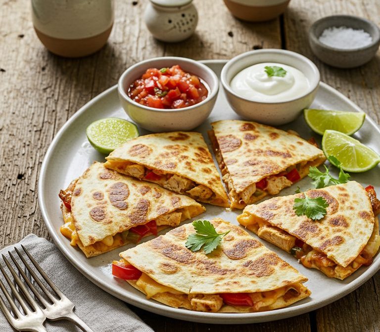 Crispy Chicken Quesadilla Wedges with Peppers and Cheese