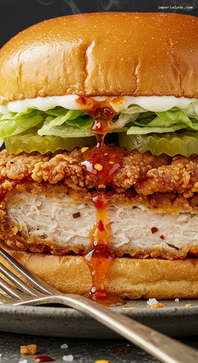 Crispy Chicken Sandwich with Chili-Honey Option – Closeup