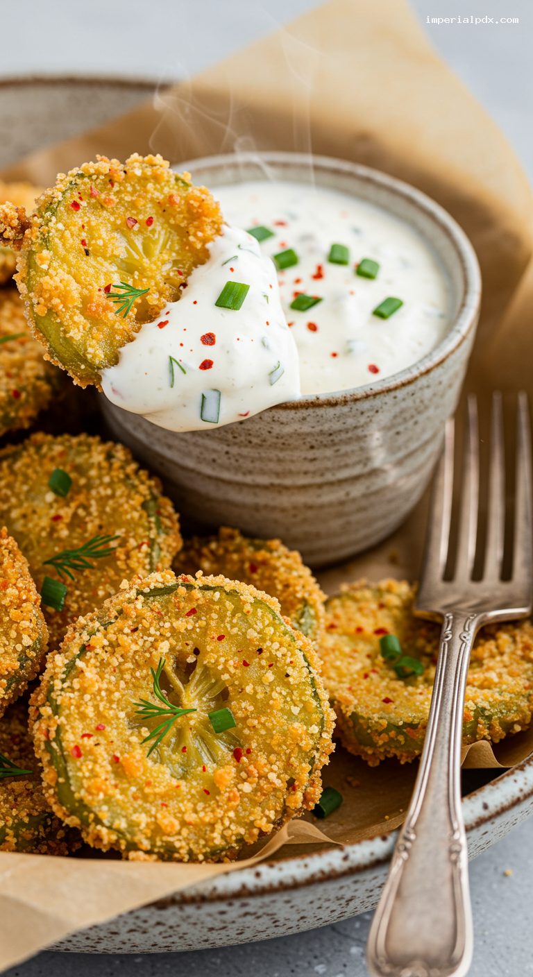Crispy Cornmeal-Panko Fried Pickle Chips with Cajun Ranch – Closeup