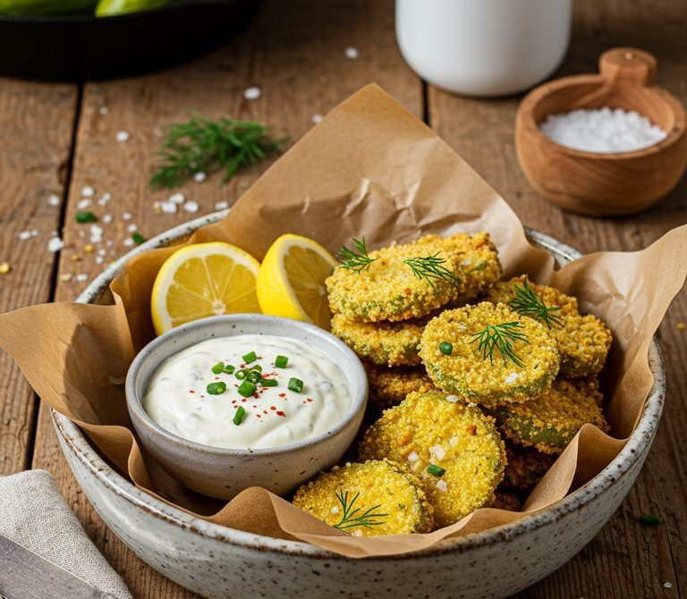 Crispy Cornmeal-Panko Fried Pickle Chips with Cajun Ranch