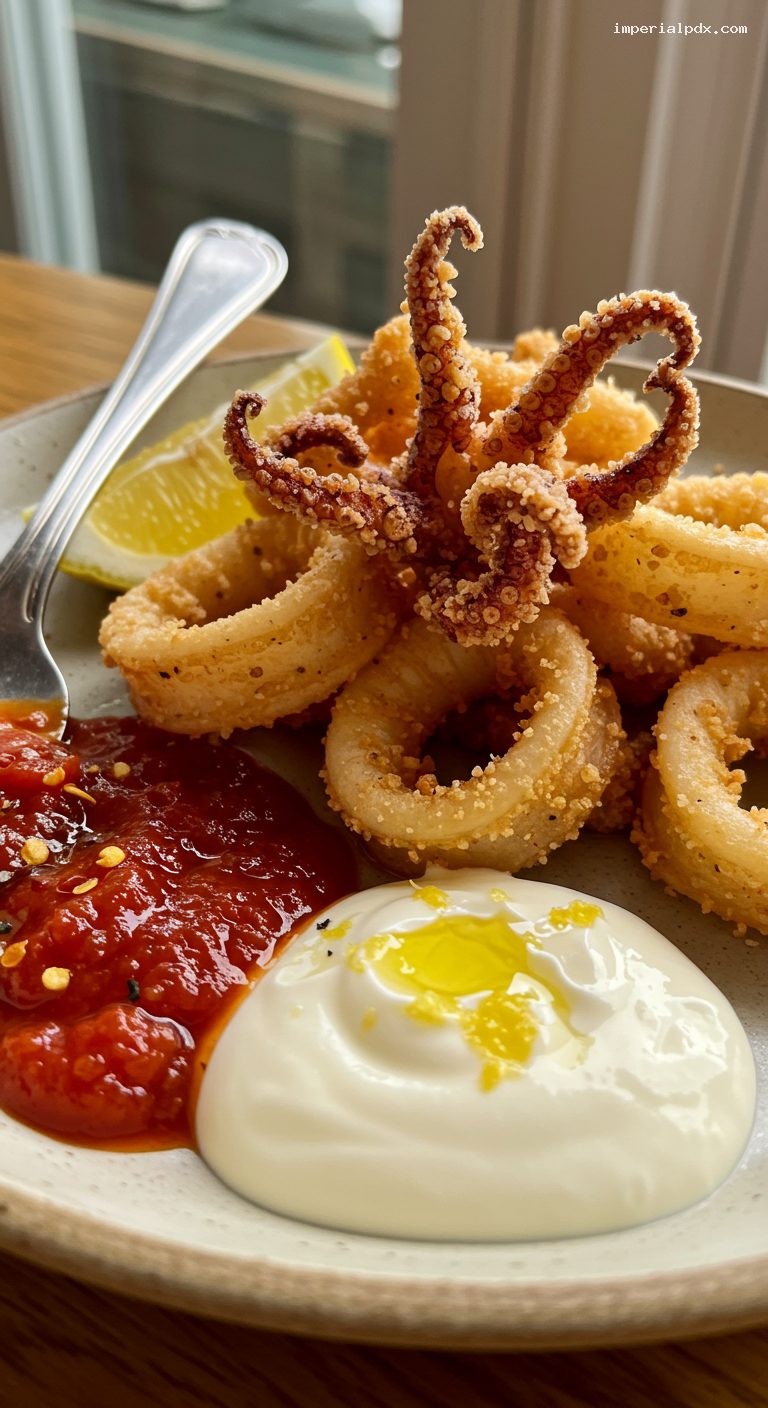 Crispy Fried Calamari with Zesty Marinara and Garlicky Lemon Aioli – Closeup