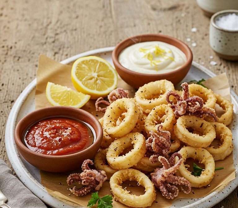 Crispy Fried Calamari with Zesty Marinara and Garlicky Lemon Aioli
