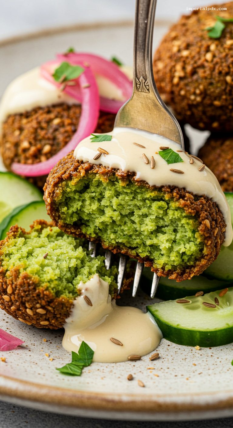Crispy Herbed Falafel with Lemony Tahini and Pickled Onions – Closeup