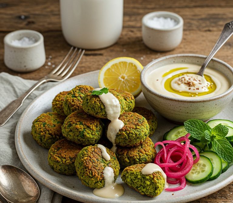 Crispy Herbed Falafel with Lemony Tahini and Pickled Onions