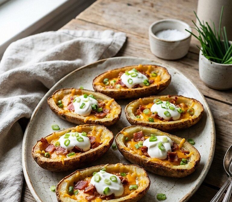 Crispy Loaded Potato Skins with Bacon and Cheddar