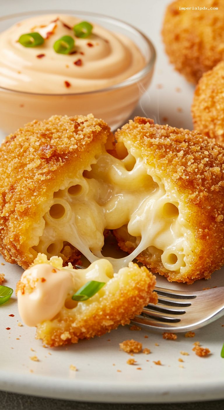Crispy Mac and Cheese Bites with Smoky Sriracha Mayo – Closeup