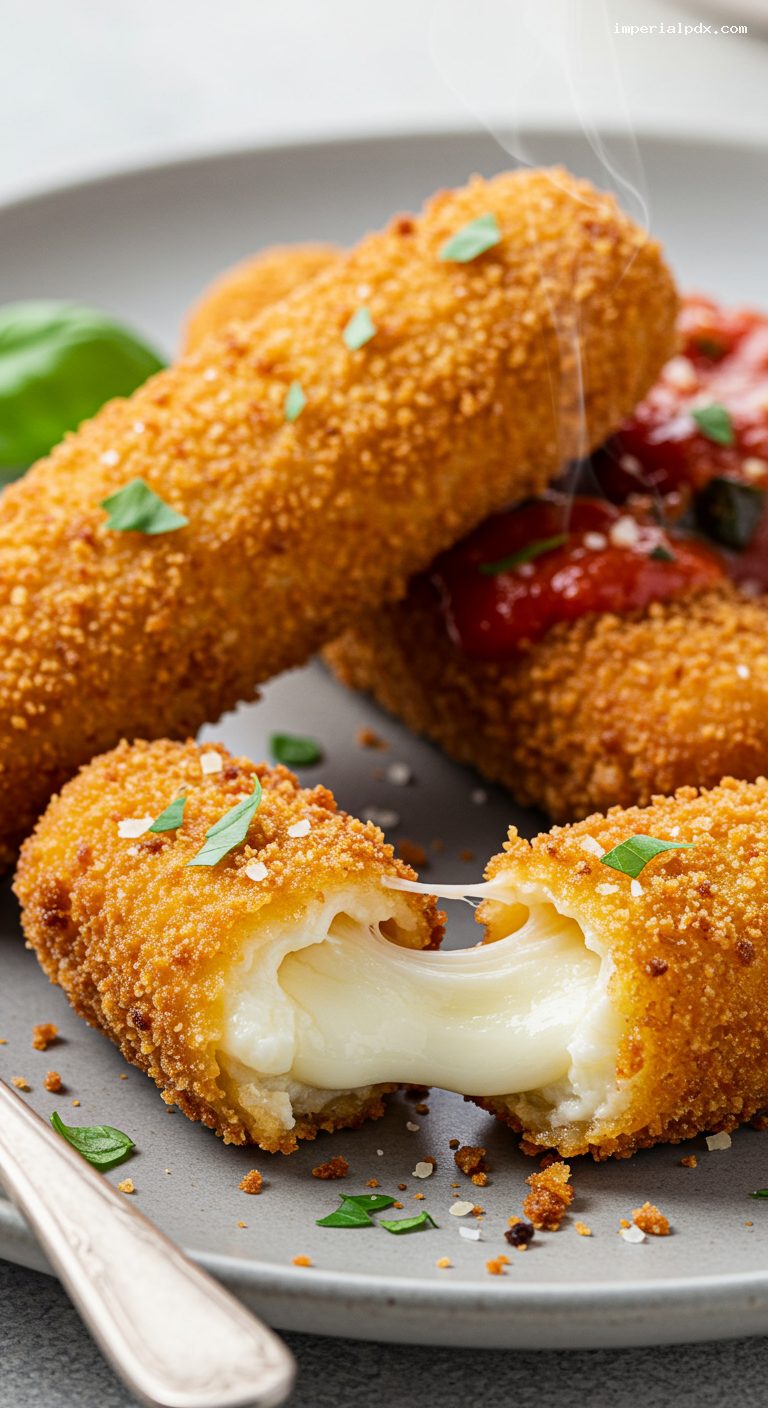 Crispy Mozzarella Sticks with Garlicky Marinara Dip – Closeup