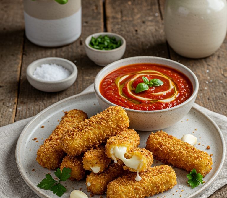 Crispy Mozzarella Sticks with Garlicky Marinara Dip