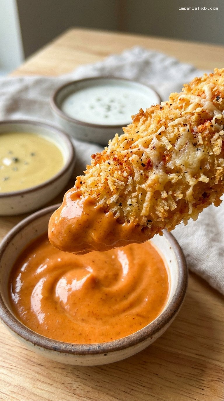 Crispy Oven-Fried Chicken Tenders with Three Dipping Sauces – Closeup