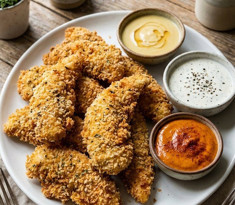 Crispy Oven-Fried Chicken Tenders with Three Dipping Sauces