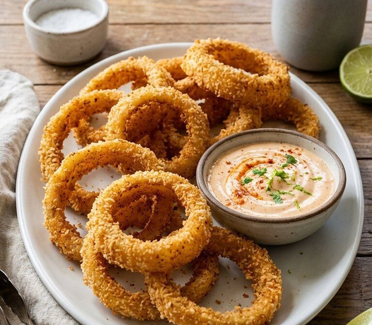 Crispy Panko Onion Rings With Chipotle Lime Dip