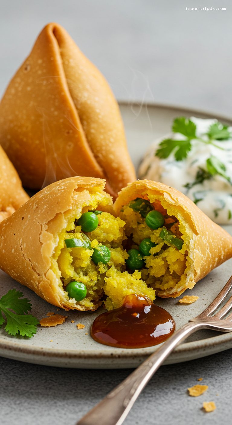 Crispy Potato and Pea Samosas with Tamarind Chutney – Closeup