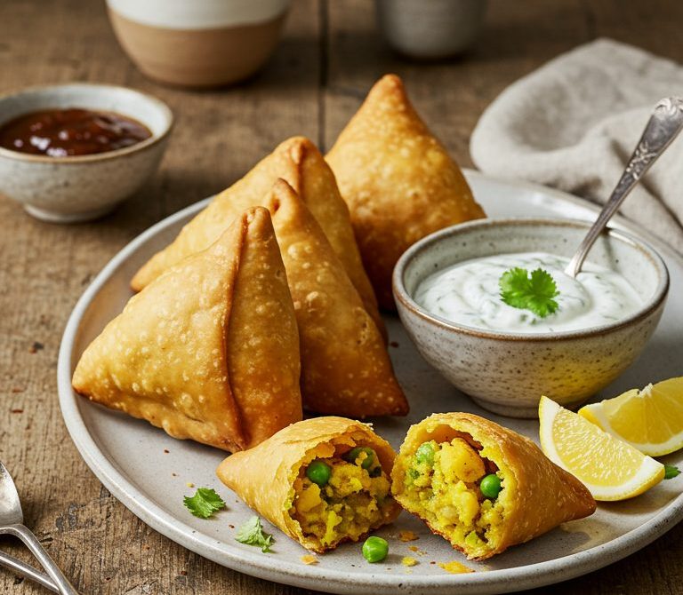 Crispy Potato and Pea Samosas with Tamarind Chutney