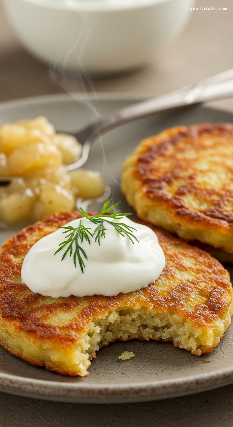 Crispy Potato Pancakes with Sour Cream and Dill – Closeup