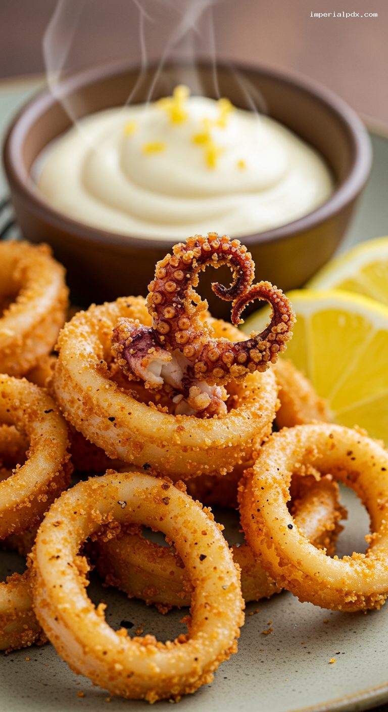 Crispy Rabas with Lemon and Garlic Mayo – Closeup