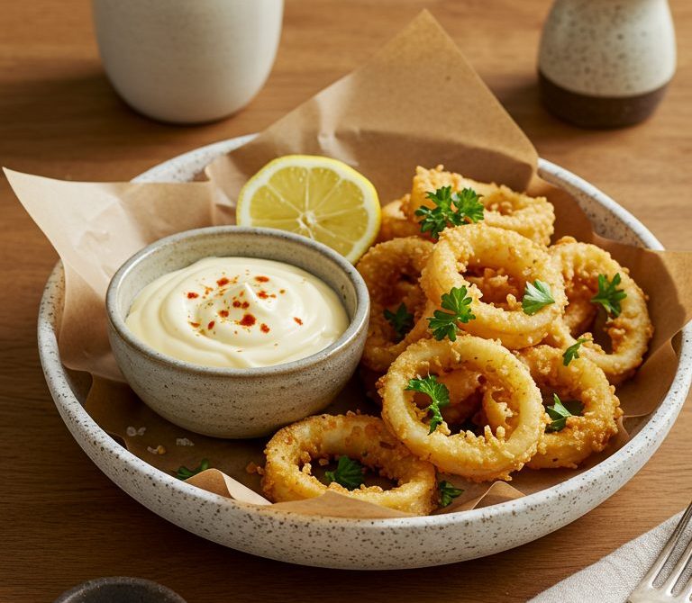 Crispy Rabas with Lemon and Garlic Mayo