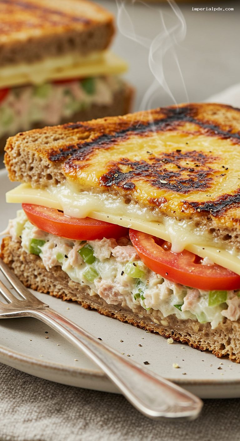 Crispy Rye Tuna Melt with Swiss and Tomato – Closeup