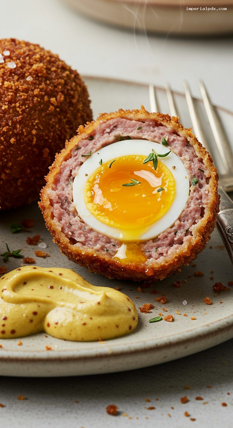 Crispy Scotch Eggs with Sharp English Mustard – Closeup