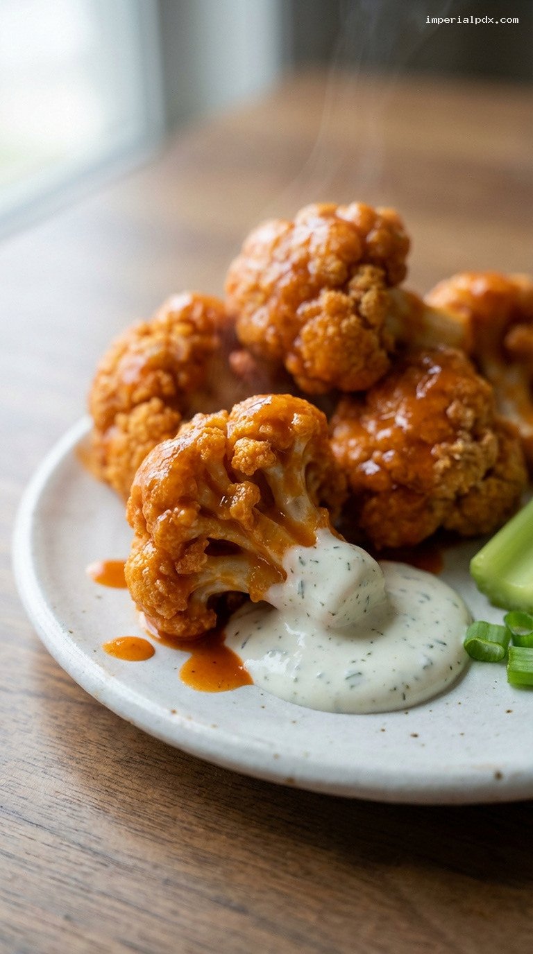 Crispy Sheet Pan Buffalo Cauliflower Bites with Ranch – Closeup