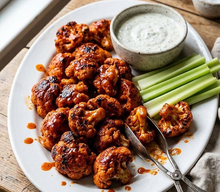 Crispy Sheet Pan Buffalo Cauliflower Bites with Ranch