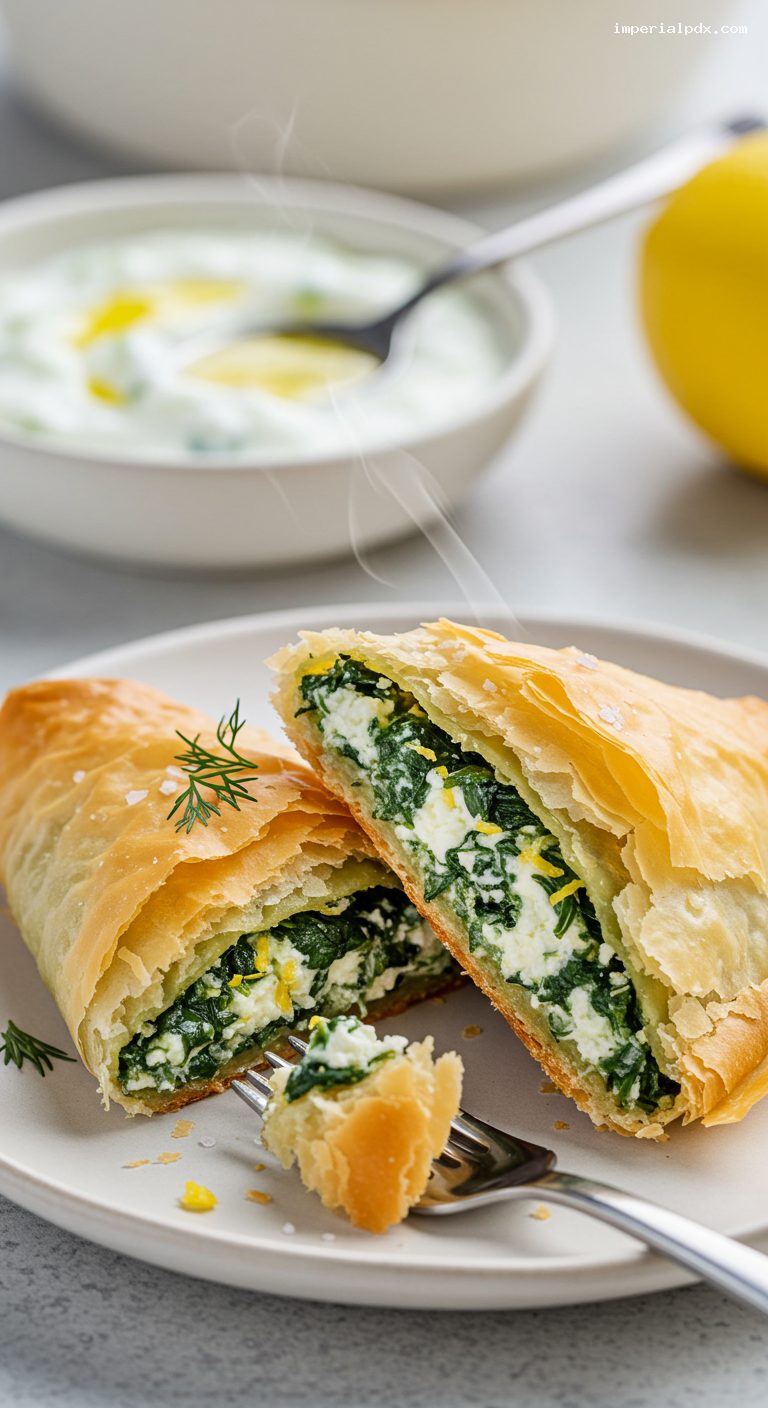 Crispy Spanakopita Triangles with Spinach and Feta – Closeup
