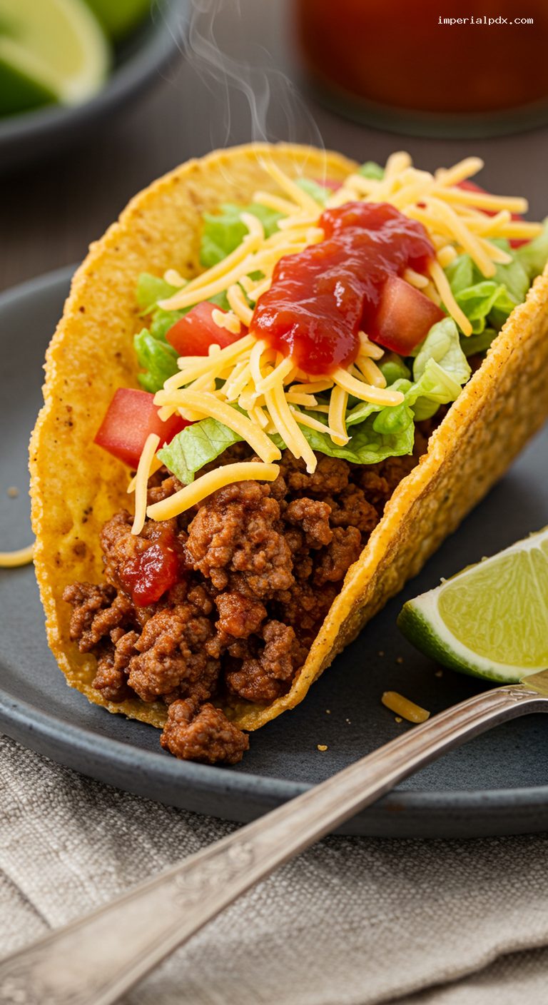 Crispy Tex-Mex Ground Beef Tacos with Salsa Roja – Closeup